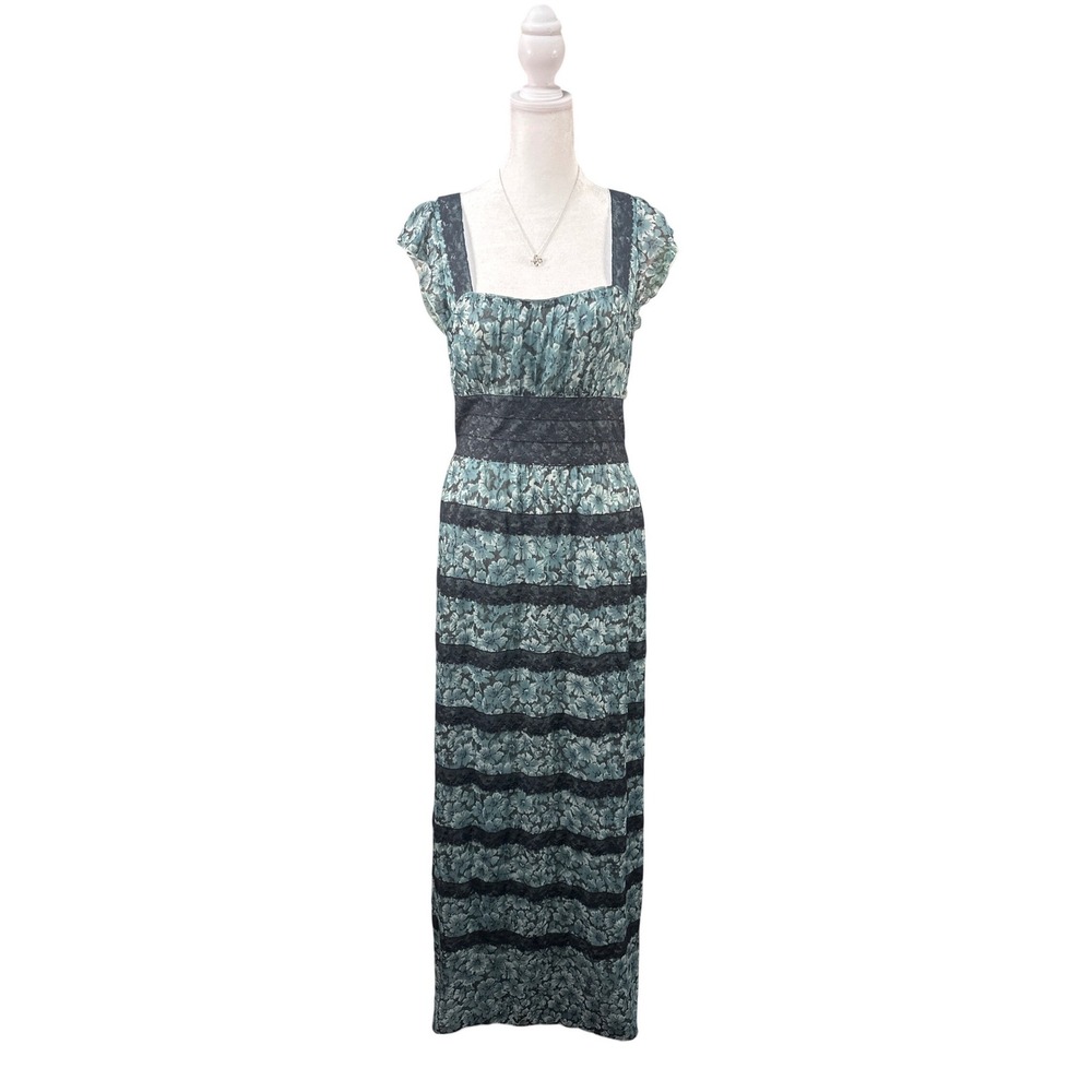 Free People Floral Lace Trim Maxi Dress Teal Black Boho Cap Sleeve Square Neck 8